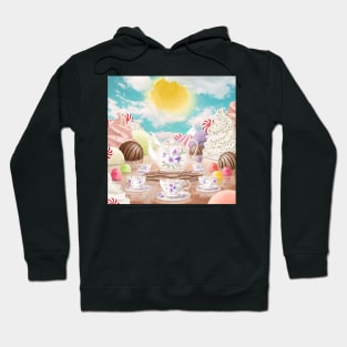 Fantasy candy land illustration. Sweets wonderworld landscape. Magical tea set. Hoodie